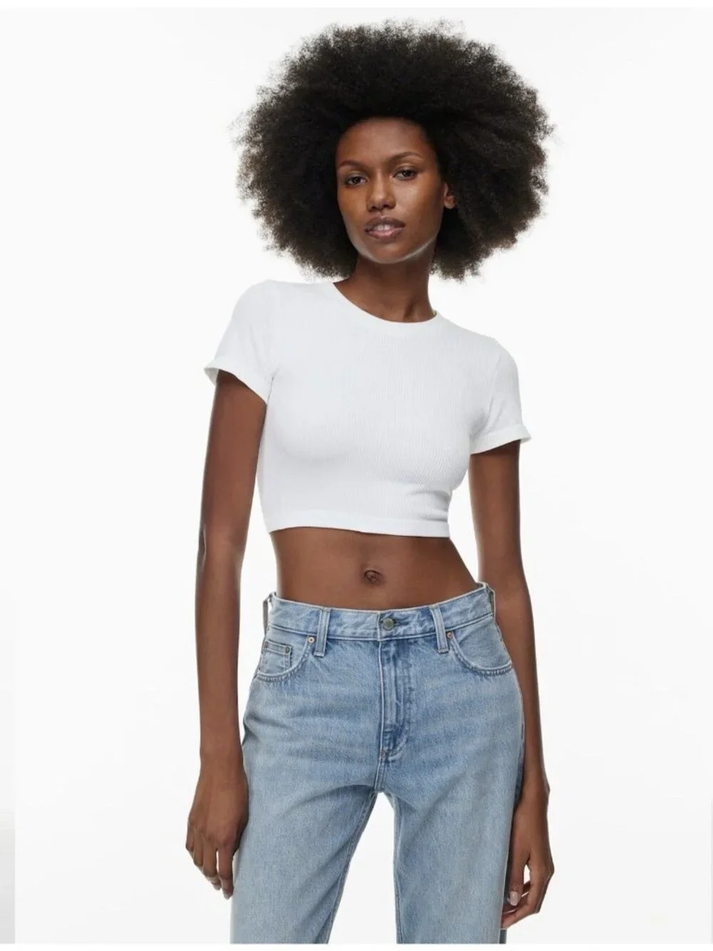 Aritzia Wilfred Free Ribbed Crop Top White XS Fitted Stretch Tee Coquette - Picture 1 of 8